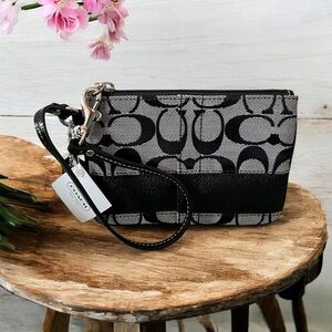 NEW COACH Signature C Wristlet Black Gray Leather Trim FAST SHIPPING